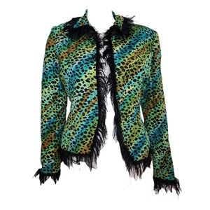 Anthracite Cardigan Size 6 Blue Green Animal Print 100% Silk Fringe Colorful
